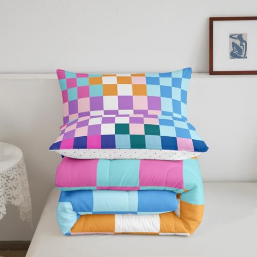 Image of Feelyou Multicolored Checkered Retro Bedding Set Kids Boys Girls Geometric Vintage Comforter Set King Size Rainbow Colorful Duvet Insert Modern Simple Groovy Aesthetic Room Decor