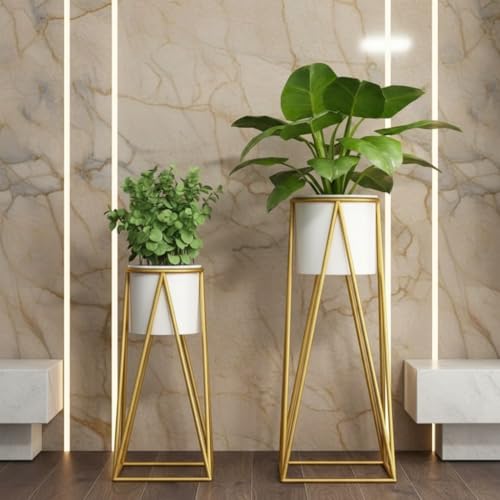 Image of HOME DECO Metal Planter Stand Set of 2 | Gold Flower Pot with Stand | Modern Indoor Outdoor Plant Stand | Tall & Short Iron Planter Holder for Home Decor | Decorative Plant Pot Stand (White)