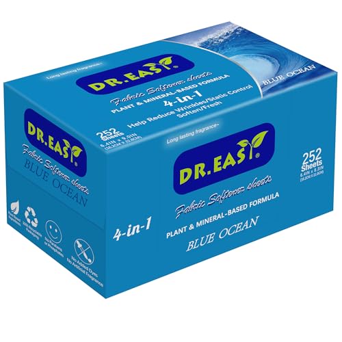La Mejor Selección de secadoras easy - los preferidos. 40 DR. EASY Toallitas para secadora DR.EASY, fórmula a base de plantas, 252 unidades, color AZUL OCÉANO, toallitas suavizantes para ropa, sin perfume, sin colorantes, reducen la...