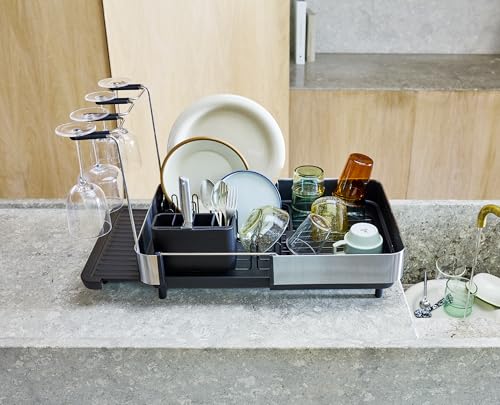 Image of Joseph Joseph Extend Steel Plus Extendable Dish Rack Steel, Small to Large Dish Drainer with Wine Glass Holder & Drain Spout, Black