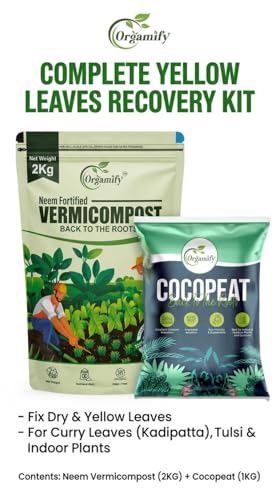 Image of Yellow Leaves Recovery Kit for Plants | Fix Dry & Yellow Leaves for Curry Leaves (Kadipatta), Tulsi & Indoor Plants | Neem Vermicompost (2KG) + Cocopeat (1KG) for Healthy Green Leaves