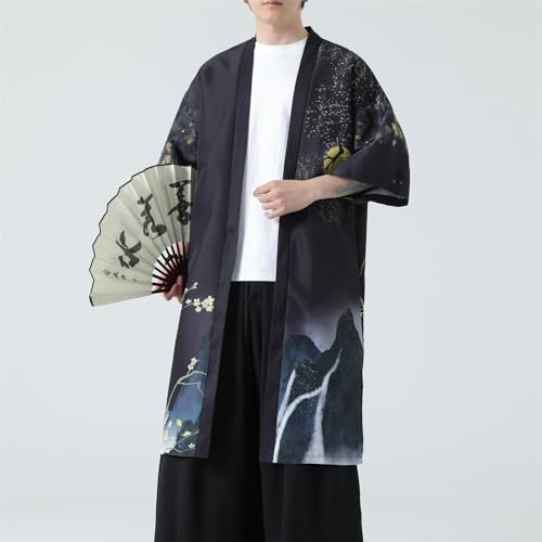 Seidarise Men’s Demon Slayer Haori, Long Kimono Cardigan Jacket Japanese Style Flying Crane Seven Sleeves Open Front Coat