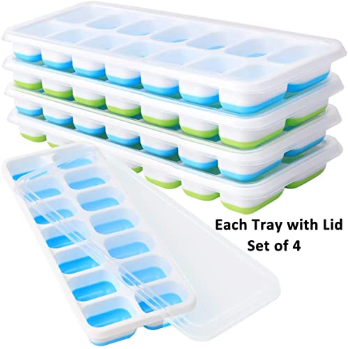 Select4U Ice Cube Tray With Lids Bpa Free, 4 Pack - 56 Ice Flexible Easy Release Silicone Ice Tay For Freezer Stackable No Spill Ice Tray Dishwasher Safe For Cocktail, Whiskey, Fruit, Blue & Green #TOP5