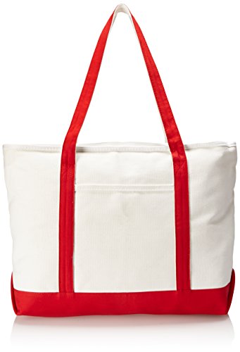 DALIX 22" Large Cotton Canvas Zippered Shopping Tote Grocery Bag in Red