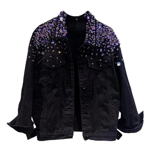 Veste denim violette femme brodée de strass et paillettes avec manches longues