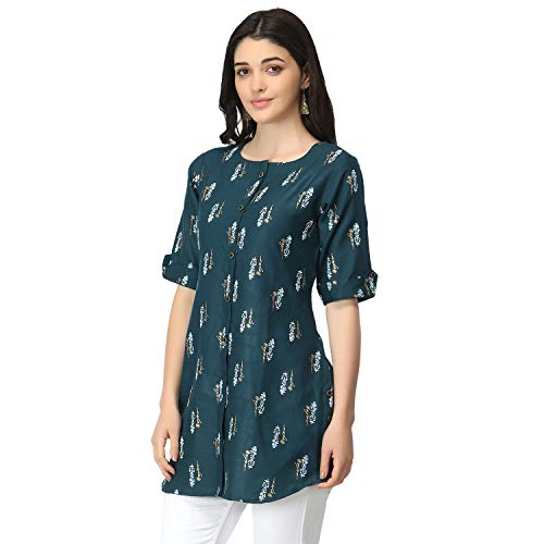 Image of OM SAI LATEST CREATION Slub Rayon Fully Stitched Anarkali Foil Print Kurti for Women & Girls on Jeans Palazzo or Skirt (Plus Size Upto 2XL) (Black)