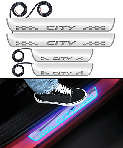 SPAIKO LED Door Sill Plate Compatible for Honda City | Mirror Finish Blue Light Scuff Plate – Set of 4 (Front & Rear) | 6 Months Warranty