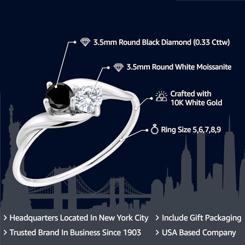 Gem Stone King 10K White Gold Black Diamond and White Moissanite 2-Stone Engagement Ring For Women (0.33 Cttw, Round 3.5MM, Available In Size 5, 6, 7, 8, 9)2