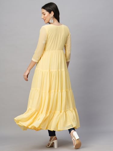 Image of RATAN Women's Solid Georgette Tiered Chikankari Flared Kurti Gown Maxi Dress