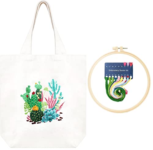 Kit de broderie sac fourre-tout en toile motifs de fleurs de cactus, kits de démarrage sac brodé, cerceaux, fils de couleurs et instructions pour débutants,...