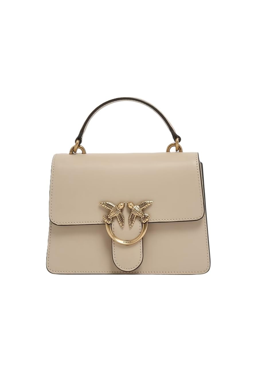 Pinko bolso bandolera Love One Mini en piel beige y gris con detalles dorados de lujo 4