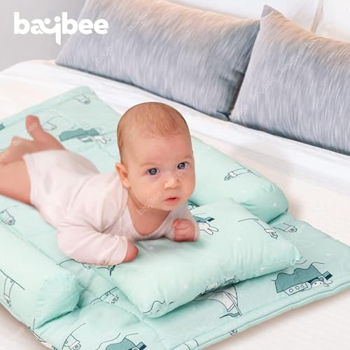 Image of BAYBEE Bedding Set for Newborn | Baby Cushion Mattress | Foldable Carry Bed | Pure Cotton Lounger | Travel-Friendly Nest for 0-6 Months (Green)