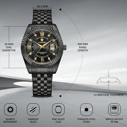 Image of Longbo Trident 83831 Analog Watch with Studded Dial Accents, Stainless Steel Bracelet, Luminous Hands & Date Display | Men | Office, Business, Formal & Gifting