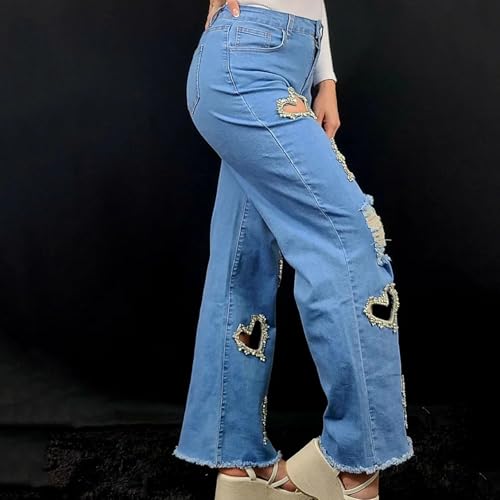 Women's Y2K Straight Leg Jeans High Waist Heart Cutout Rhinestone Baggy Trousers3