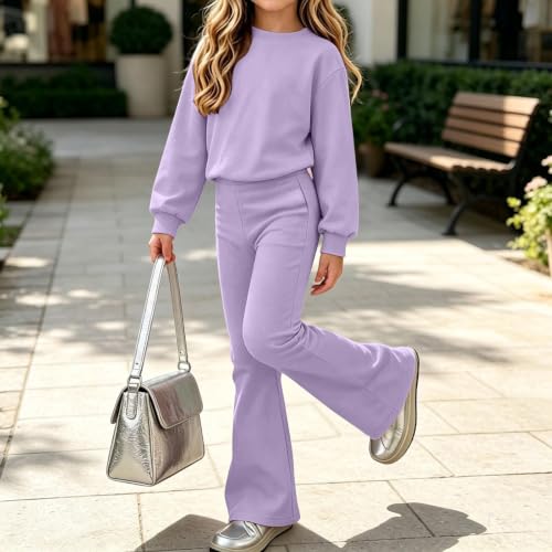 XINGJIAARTS Girls Sweatsuit 2 Piece Fleece Crewneck Sweatshirt and Flare High Waisted Sweatpants Tracksuit Set Fall Outfits Purple 13 Years - image 3