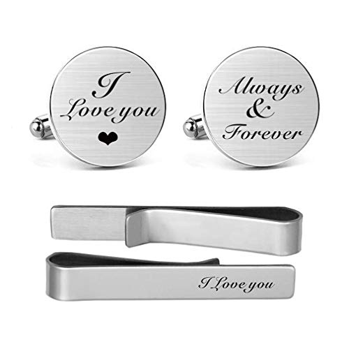 MUEEU I Love You Always & Forever Cufflinks Engraved Novelty Accessory Anniversary Wedding Party Cufflinks & Tie Clip Bar Tacks (Round I Love You Always & Forever Cufflinks Set)
