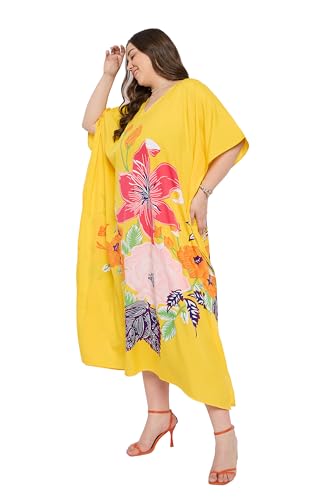 Image of Gypsie Blu Women Plus Size Kaftan Dress Beach Cover Up Maxi Dresses for Women, V-Neck Kimono Sleeve 1X-3X