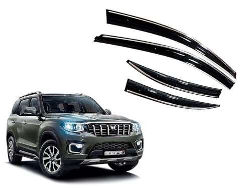 Image of CAR SAAZ Chrome Line Door Visor for Scorpio N (2023-Present)(Set of 4Pcs) | Rain Guard | Wind Deflector