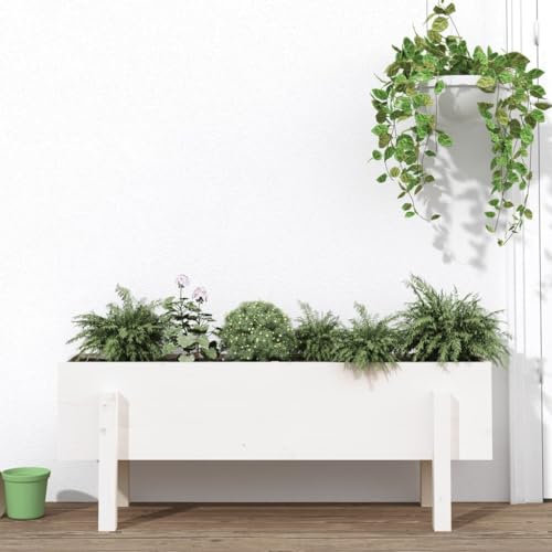 Gecheer Hochbeet Pflanzkübel Pflanzkasten Pflanzenkübel Blumentrog Blumentopf Blumenkasten Blumenkübel Pflanztopf Gemüsebeet Pflanzbeet Gartentöpfe Gartenbeet Weiß 101x30x38 cm Massivholz Kiefer