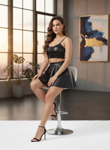 Image of GirlFriend SSoShHub Women Leather Lingerie Black Babydoll Round Neck Nightwear Chemise Nightie Bodysuit Lingerie First Night Honeymoon Mini Nightdress Sheer mesh with Panty