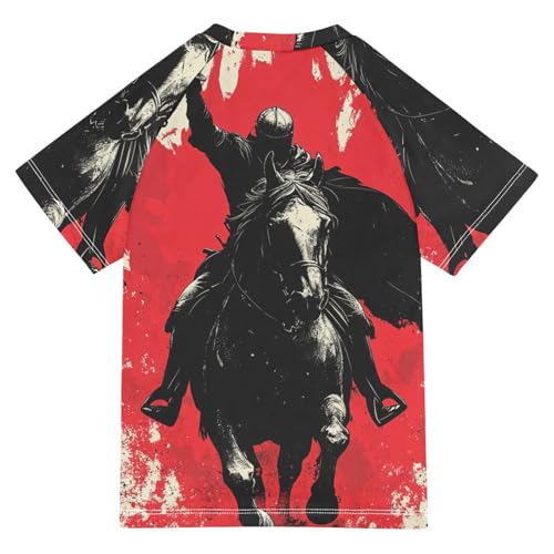 Boys Short Sleeve T-Shirts Knight Graffiti Red Horse Rashguard Kids Swim Shirts Sun UPF 50+2