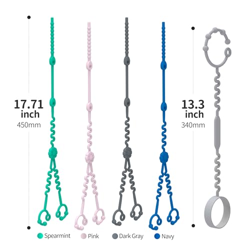 Image of Baby Toy Straps - 1 Drag 2 Design for Toy Safety - 5 Food-Grade Silicone Straps for Strollers, High Chairs, Cribs & Car Seats - Navy, Dark Gray, Pink, Spearmint + Sippy Cup Strap