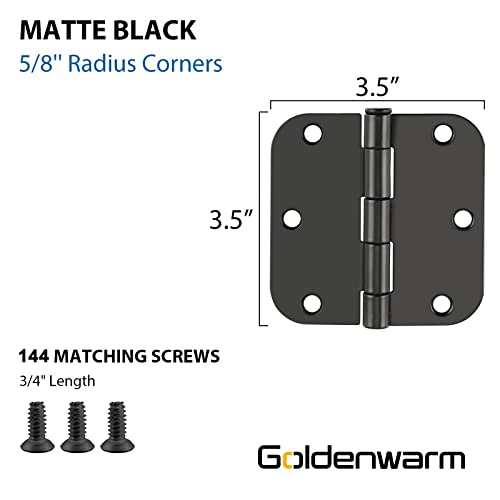 (Removable Pin) 24 Pieces 3.5In Matte Black Door Hinges Lubricant-Added Heavy Duty Interior & Exterior Door Hinges, Goldenwarm 3-1/2'' Hinges For Residential Doors, 5/8'' Radius Corners #TOP1