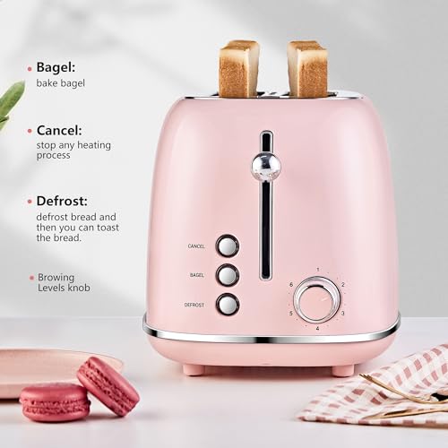 2-Slice-Toaster-Retro-Stainless-Steel-with-Bagel-Cancel-and-Defrost-Functions-6-Bread-Shade-Settings-Extra-Wide-Slots-and-Removable-Crumb-Tray-Pink