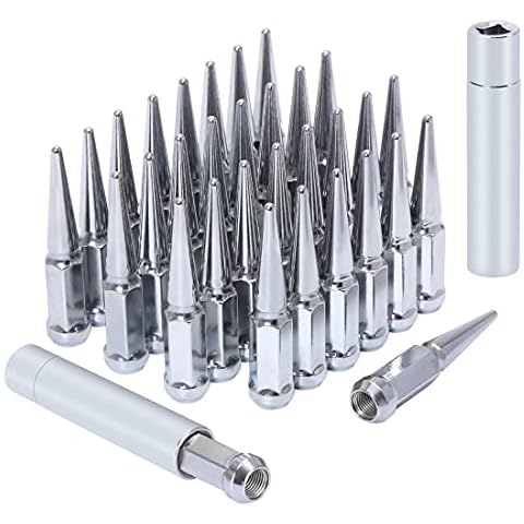 M14x1.5 Lug Nuts 14x1.5 Spike Lug Nuts M14 x 1.5 Spiked Lug Nut Chrome Set of 32 with 2 Socket Keys 19mm Hex 4.4" Tall 14mmx1.5 Bullet Lug Nuts Wheel Nuts Cover