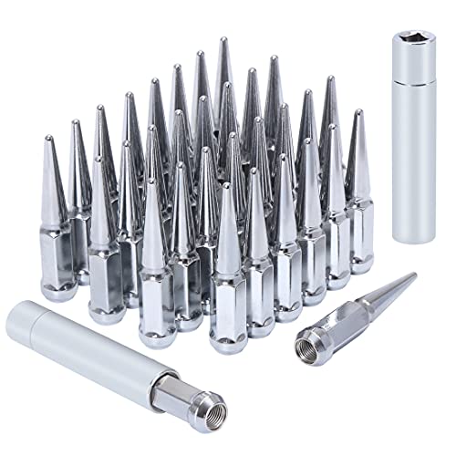 M14x1.5 Lug Nuts 14x1.5 Spike Lug Nuts M14 x 1.5 Spiked Lug Nut Chrome Set of 32 with 2 Socket Keys 19mm Hex 4.4