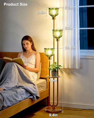 Image of 3-Light Lotus Floor Lamp, Mid Century Modern Green Glass Gold Floor Lamp for Living Room, 62 Inch Standing Tall Lamps with Warm White 3000K Bulbs for Bedroom Sofa Beside Corner Home Decor