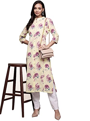 Image of ishin Women's Cotton Cream Embellished A-Line Kurta
