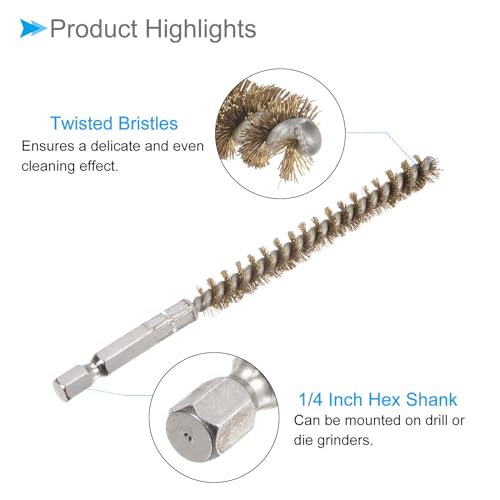 Image of Bore Brush, 8mm Dia 75mm Length, Brass Twisted Cleaning Wire Brushes with 1 /4 inch Hex Shank - (Applications: for Power Drill), 3-Pieces