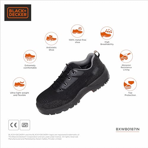 Image of BLACK+DECKER Flyknit Black & Grey Sporty Design Safety Shoes for Men | Antistatic, Antislip & Lightweight | Single Density | Fiber Toe | BXWB0187IN-FN | Size-06