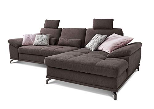 Cavadore Ecksofa Castiel mit Federkern / Großes Sofa in L-Form mit Sitztiefenverstellung, Kopfstützen und XL-Longchair / 312 x 114 x 173 / Webstoff, Dunkelbraun