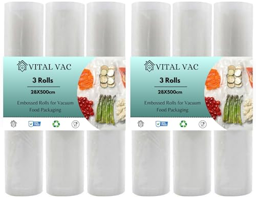VITAL VAC 6 Rollos Vacío Alimentos 28cm x 500cm | Para Envasadora al Vacío Doméstica | Compatibles con Silvercrest, Foodsaver, Jata, Cecotec...