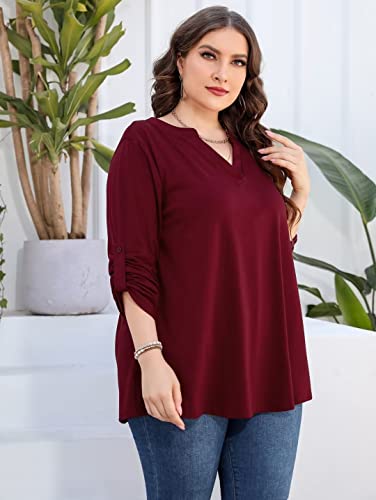 AMCLOS Womens Plus Size Tops V Neck T-Shirts Blouses Casual Soft Flowy Tunic Long Roll Tab Sleeves with Buttons4