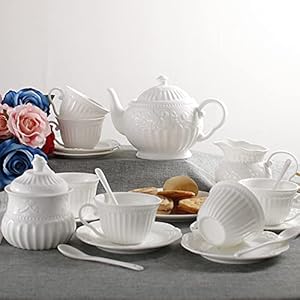 Porcelain Tea Set for Adults Coffee Cups and Saucer Service for 6, with Teapot Sugar Bowl Cream Pitcher and Teaspoons