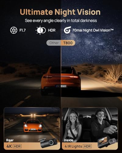 Image of 70mai 4K T800 3 Channel Dash Cam, Dash Cam Front and Rear Inside(2160P+2160P+1080P), STARVIS 2 IMX678, HDR Night Vision, WiFi 6, ADAS, Super-Capacitor, 24H Parking Mode, Upto 512GB Supported