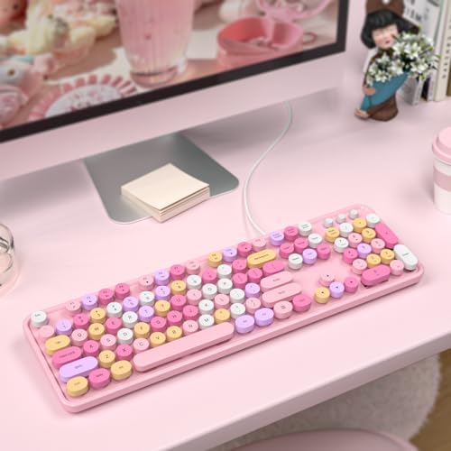 Image of MOFII Wired Full Size USB Keyboard, Colorful Retro Round Typewriter Keyboard with Foldable Stands for Windows PC Laptop (Pale Pink)
