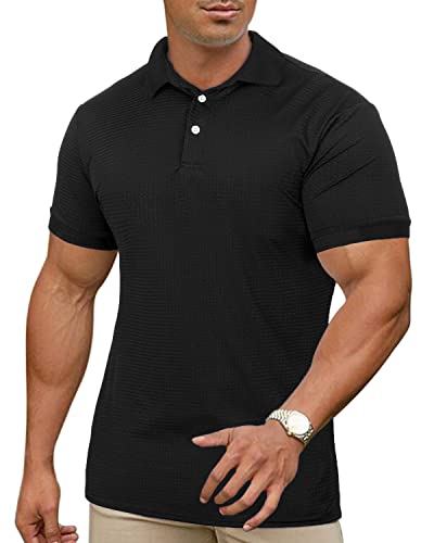 Kawata Men's Muscle Polo Shirts Dry Fit Short Sleeve Stretch Slim Fit T Shirts Workout Golf Shirt Black #TOP21