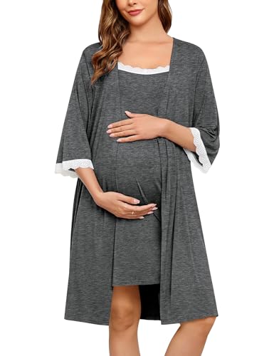 Image of SWOMOG Lace Maternity Nursing Gown and Robe Set Double Layer Labor Delivery Nursing Hospital Nightgowns for Breastfeeding