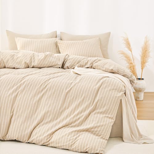 Image of Wake In Cloud - Striped Cotton Duvet Cover Set, Ticking Stripe Vertical Pinstripe Farmhouse, 100% Washed Cotton Textured Bedding Set, 3 Pieces, Tan, Twin /Twin XL Size