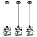 FISGONI Modern Mini Pendant Light Fixture 3-Pack Kitchen Island Pendant Lighting 6.3''Matte Black Spiral Cage Handblown Clear Seeded Glass Shade Adjustable Cord for Dining Room