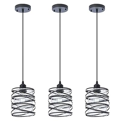 FISGONI Modern Mini Pendant Light Fixture 3-Pack Kitchen Island Pendant Lighting 6.3''Matte Black Spiral Cage Handblown Clear Seeded Glass Shade Adjustable Cord for Dining Room