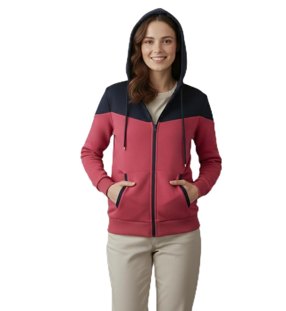Shaarav Women's Colour-Block Full Zip Hoodie Jacket, Rani Pink and Navy Blue, Cotton Fleece, Casual Athleisure-picture-18