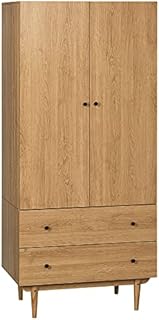 HOMCOM 2 Door Wardrobe with 2 Drawers, Hanging Rail, Anti-tipping Design for Bedroom Clothes Storage Organiser, Natural Wood Colour