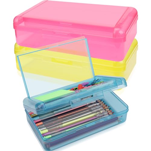 3 PCS Pencil Box,Double Layer Large Capacity Pencil Box,Hard Pencil Case with Snap-tight Lid,Plastic Pencil Box for Office School Supplies Pen Box,Storage Box for Organizer Pens Tape-Blue+Yellow+Pink