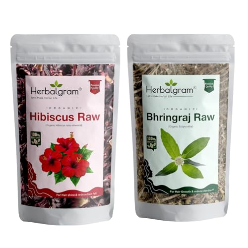 Image of Organic Bhringraj And Hibiscus Raw Dried Flowers And Leaves Whole For Making Hair Shampoo Or Oil Pure Raw Form Combo (Count 2) 100Gm Each (Hibiscus-Bhringraj 100G)