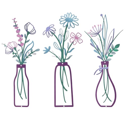 BOXOB 3pcs Flowers Wall Arts, Purple Flower Vase Walls Art Elegant Rustic Farmhouse Wall Decor Housewarming Gifts Floral Walls Arts for Bathroom Dining Room Living Room